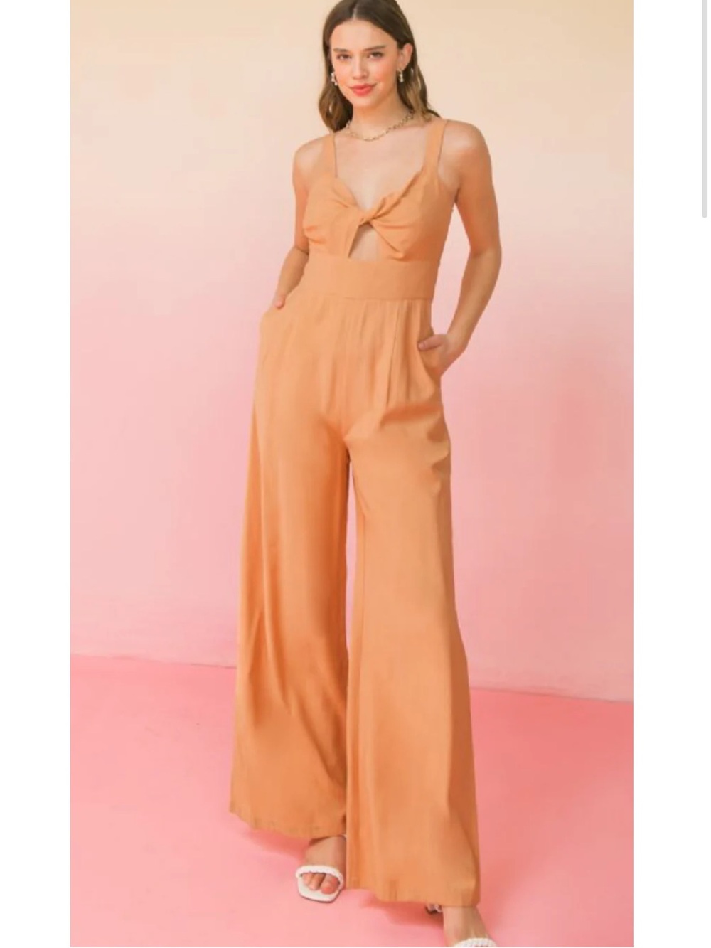 Knot-Front Wide-Leg Jumpsuit in Peachy Orange